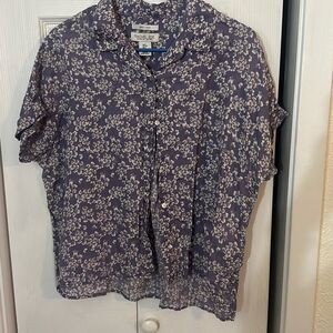 Rachel Zoe Womens Ditsy Floral Linen Hi-Low Button Front Shirt Purple Blue Small